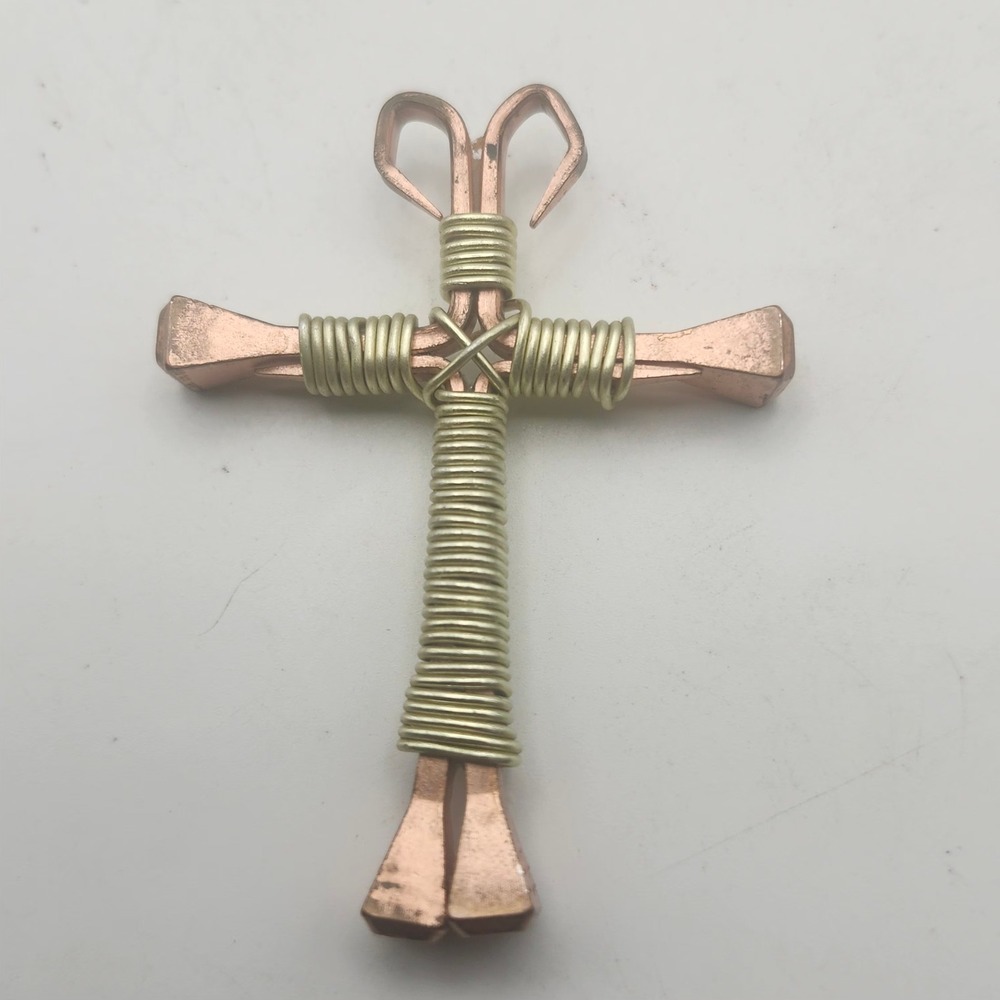 Handmade Horseshoe Nail Cross Pendant Rustic Two Tone Wire Wrapped Western Charm